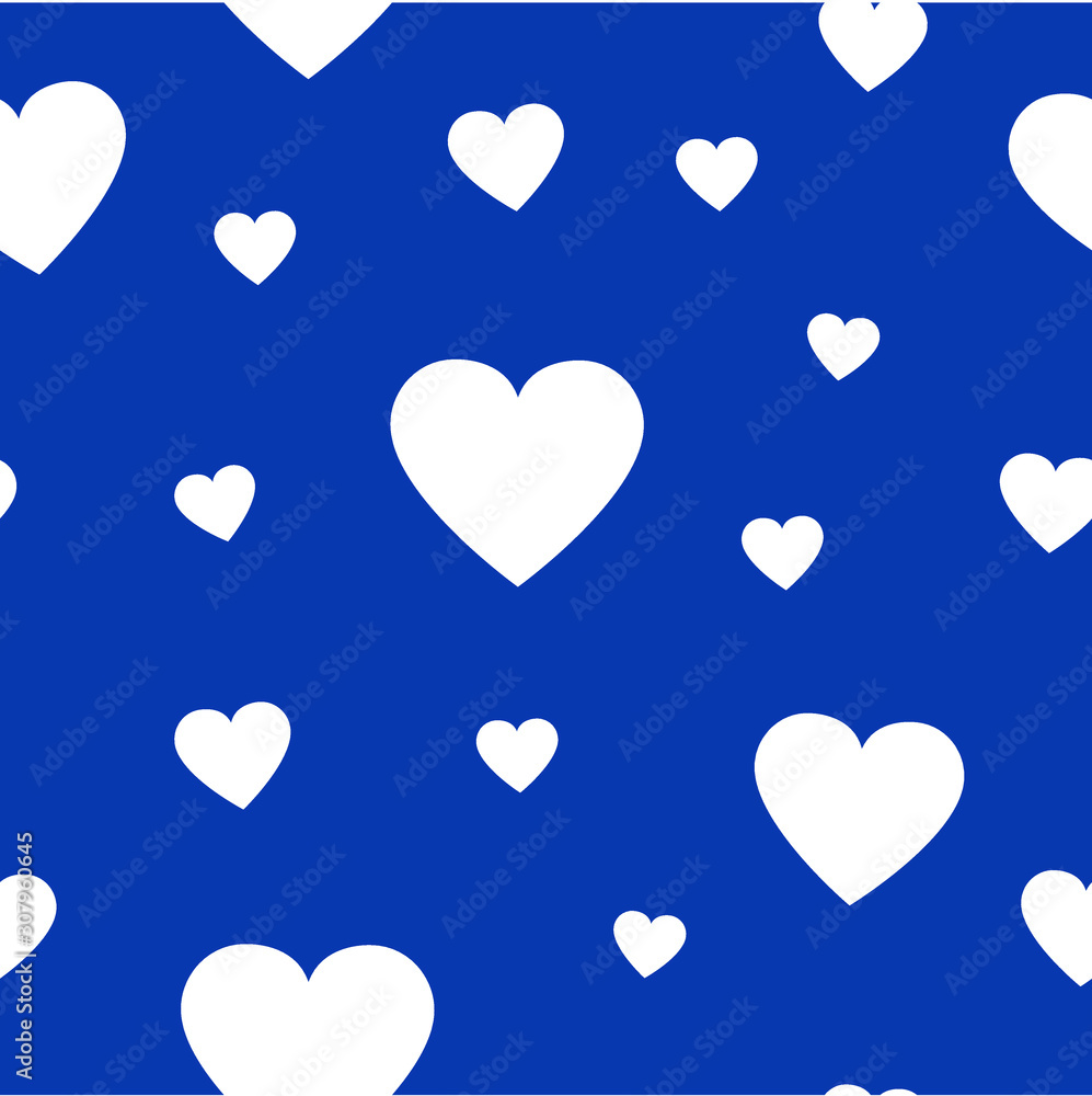 Seamless vector pattern with white hearts on a blue background, romance and love concept