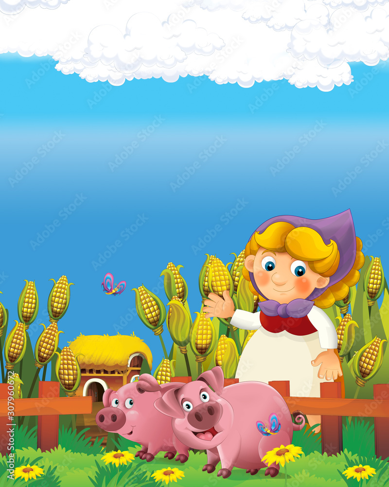Fototapeta premium cartoon scene with happy farmer woman on the farm ranch illustration for the children