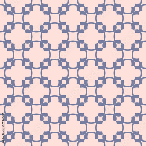 Elegant colorful vector seamless pattern. Cute abstract minimal geometric texture with curved shapes, floral silhouettes, grid, net. Blue serenity and rose quartz color. Simple repeated background