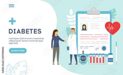 Medical diagnosis concept - Diabetes. Diabetes mellitus type 2 and insulin production concept. Doctor taking care of patient. Flat style. Vector illustration