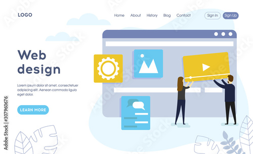 Modern web design concept. The team of web developers constructs a personal user account or admin panel for the website. Website development. Flat style. Vector illustration