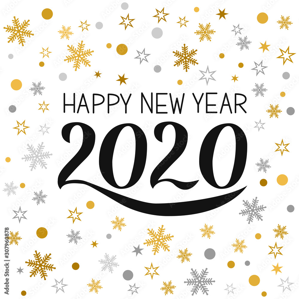 Happy New Year greeting card. Hand written numbers 2020. Holidays pattern with gold and silver snowflakes, stars and dots. Vector template for typography poster, banner, flyer, invitation, etc. Happy New Year greeting card. Hand written numbers 2020. Holidays pattern with gold and silver snowflakes, stars and dots. Vector template for typography poster, banner, flyer, invitation, etc.