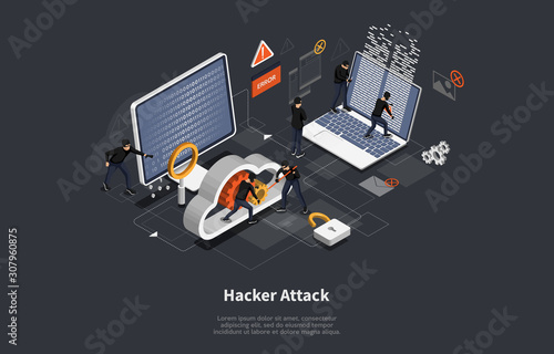 3d isometric vector illustration, Phishing scam, hacker attack, mobile security concept, data protection, cyber crime. Vector illustration
