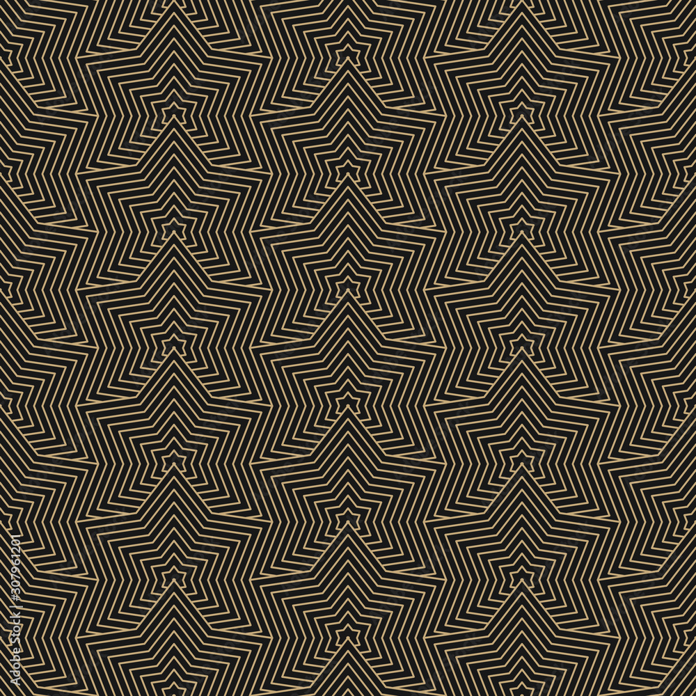 Golden vector geometric seamless pattern with stars, thin lines, grid. Simple black and gold geometric background. Abstract linear texture. Subtle modern dark repeat design for decor, tileable print