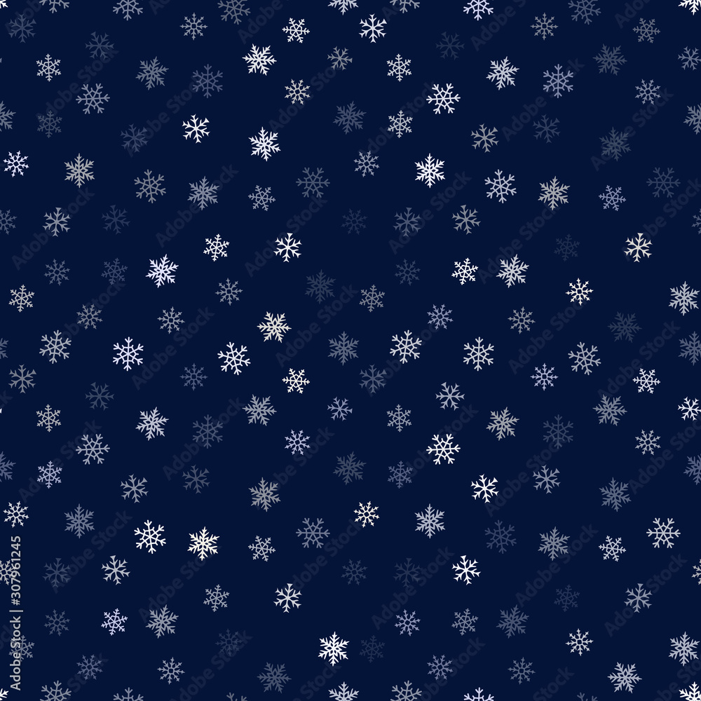 Vector snowflakes pattern. Winter Christmas decorative seamless background with small scattered snowflakes on dark blue backdrop. Subtle abstract repeat texture. Simple minimalist elegant design Vector snowflakes pattern. Winter Christmas decorative seamless background with small scattered snowflakes on dark blue backdrop. Subtle abstract repeat texture. Simple minimalist elegant design