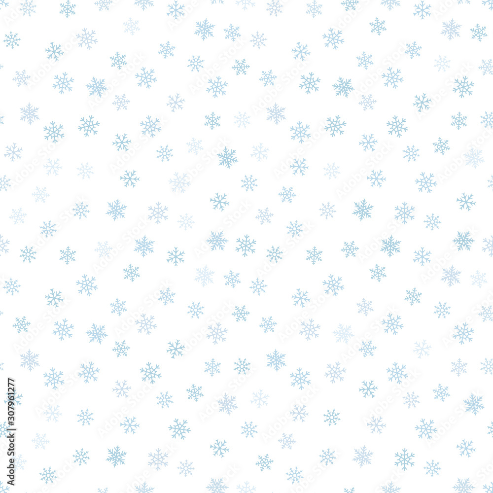 Snow seamless pattern. Subtle vector background with small scattered blue snowflakes. Delicate vector snowfall texture. Winter holiday Christmas theme. Abstract repeat design for decor, wallpaper, web