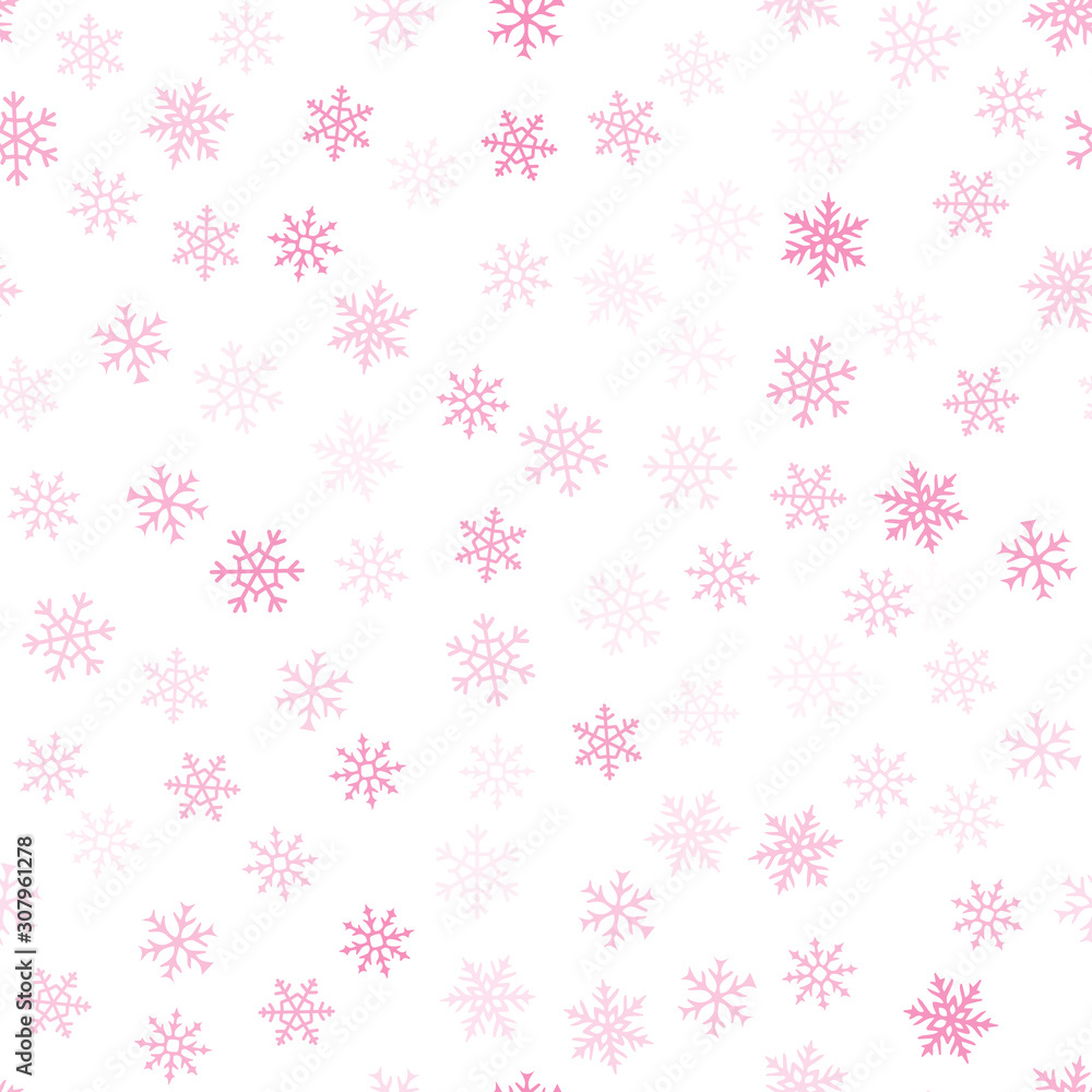 Snowflakes seamless pattern. Winter holidays theme. Vector background with small transparent pink snow flakes on white backdrop. Subtle minimal texture. Cute repeat design for decor, wallpaper, web