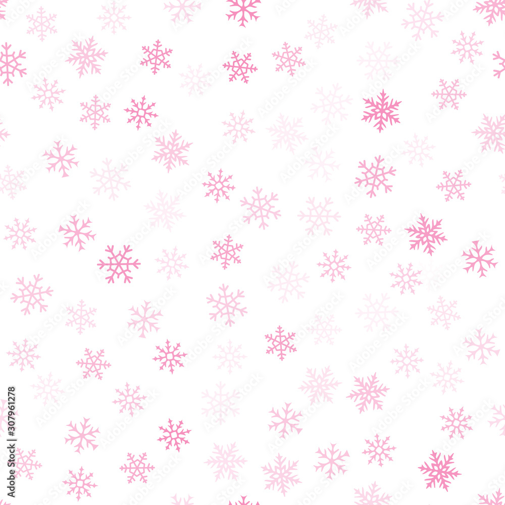 Snowflakes seamless pattern. Winter holidays theme. Vector background with small transparent pink snow flakes on white backdrop. Subtle minimal texture. Cute repeat design for decor, wallpaper, web Snowflakes seamless pattern. Winter holidays theme. Vector background with small transparent pink snow flakes on white backdrop. Subtle minimal texture. Cute repeat design for decor, wallpaper, web
