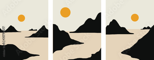 Minimalist landscape design, flat scenery postcard,nordic scandinavian design,poster set mountains lake sunset neutral colors