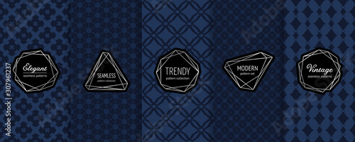 Luxury dark vector seamless pattern collection. Set of geometric background swatches with modern minimal silver labels. Elegant abstract deep blue ornament textures. Premium design for decor, package