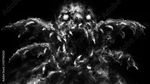 Fotografie Scary monster face with opened mouth. Black and white