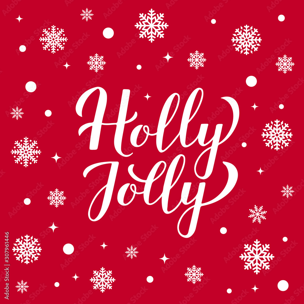 Holly Jolly calligraphy hand lettering with snowflakes on red background. Easy to edit vector template for Christmas holidays typography poster, greeting card, banner, flyer, sticker, invitation, etc.