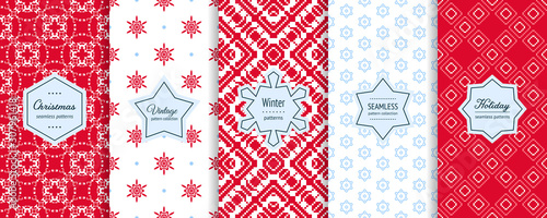 Christmas seamless patterns collection. Vector set of winter holiday background swatches. Cute modern abstract textures with snowflakes, scandinavian nordic ornaments. Blue, red, white. Repeat design