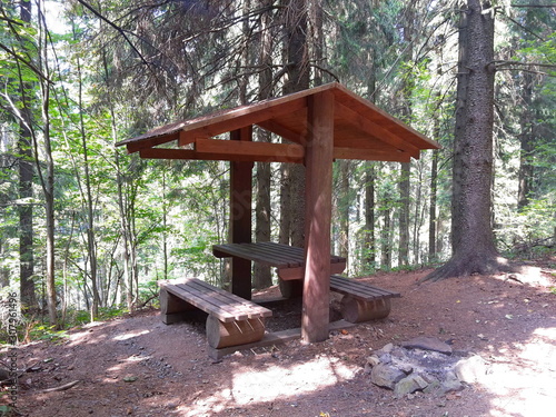 Shelter from wood, with a roof, benches and a fireplace, in the coniferous forest © Leove