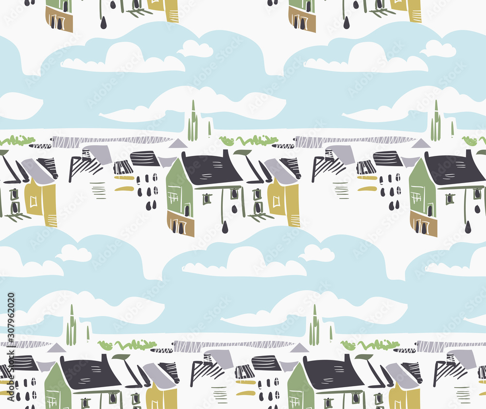 blue city landscape abstract outdoor seamless pattern soft color vector