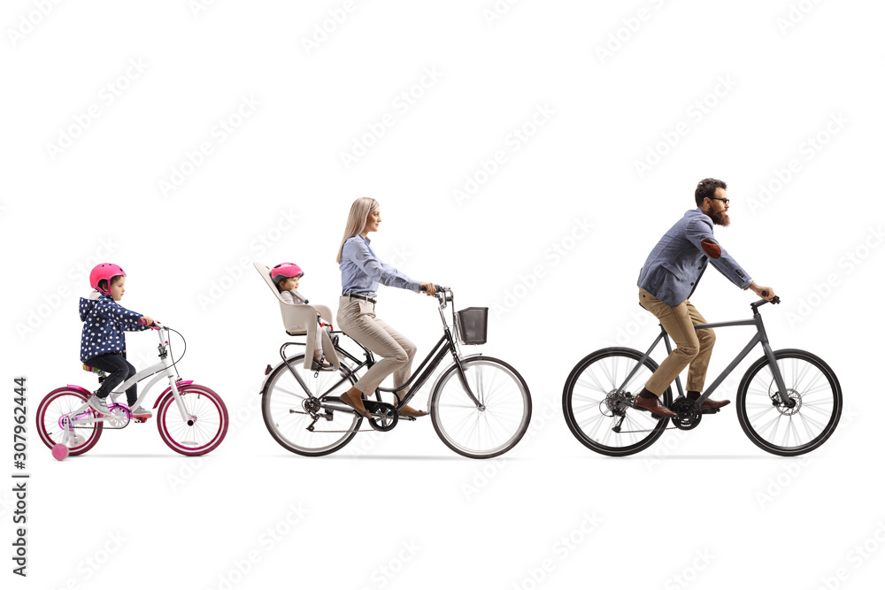 Father, mother and two girls riding a bicycle with a child