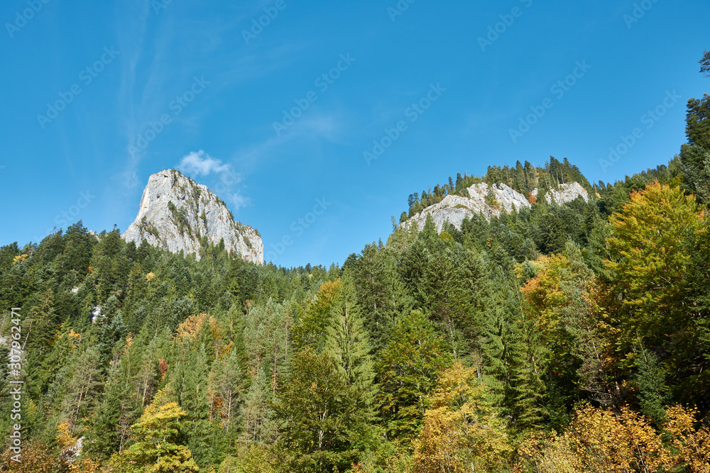 Scenic spot Bicaz Gorge in Carpathian Mountains, Romania. Sunny autumn morning.