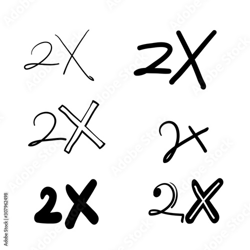 2x logo icon. X2 text letter, double faster logotype symbol.hand drawn scribble style