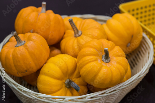 Fresh small pumpkins in basket