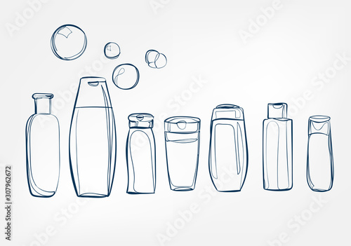 shampoo cosmetics jars line art sketch outline isolated design element cosmetics vector