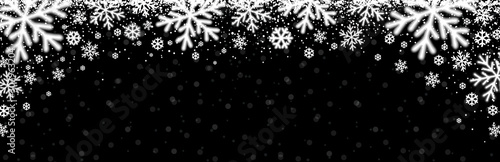 Black christmas banner with white blurred snowflakes. Merry Christmas and Happy New Year greeting banner. Horizontal new year background, headers, posters, cards, website. Vector illustration
