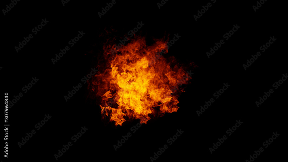 Obraz premium Expolsion fire flames texture on isolated black background. Perfect texture overlays for copyspace or text. Design element.