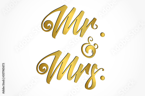 Mr. and Mrs. gold wedding card  swirly lettering text vector image