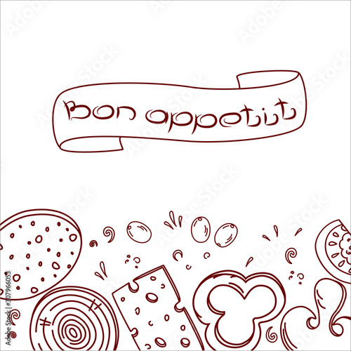 Bon, appetit, tasty set ingredients or toppings for Italian pizza, cut into slices or pieces, drawing or sketchy style of tasty pizza with vegetables. Fresh pizza with meat and veggies, vector