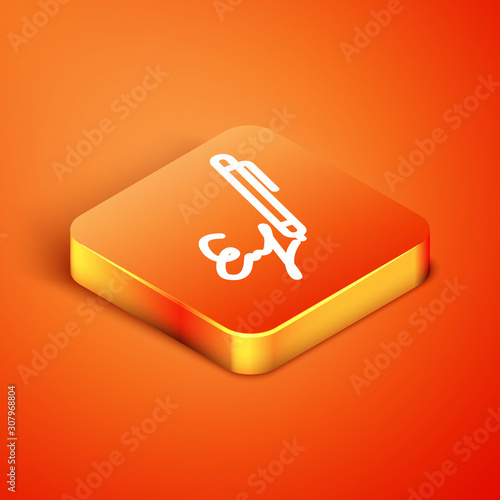 Isometric Signature line icon isolated on orange background. Pen and undersign, underwrite, ratify symbol.  Vector Illustration