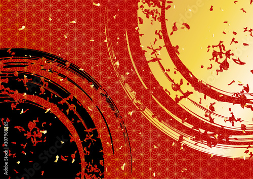 和柄背景　円　麻の葉　黒と金と赤