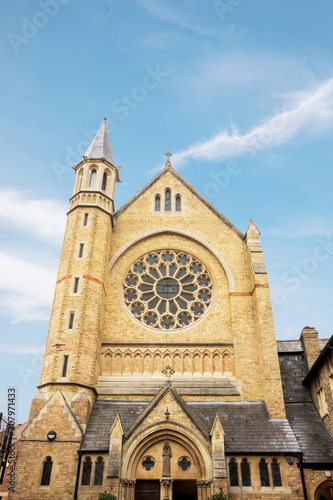 Exterior of St Aloysius Catholic Church with blue sky in Oxford town