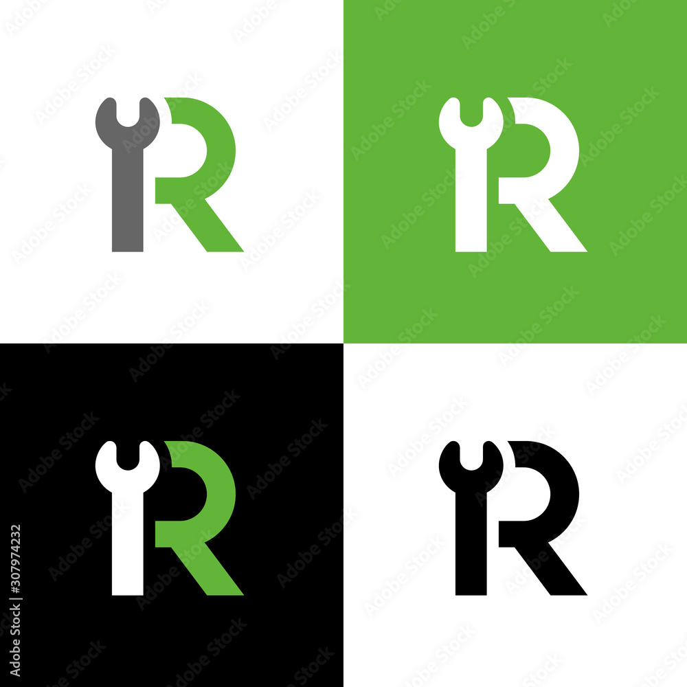 Letter R wrench logo template, repair service tool symbol, maintenance design concept Letter R wrench logo template, repair service tool symbol, maintenance design concept