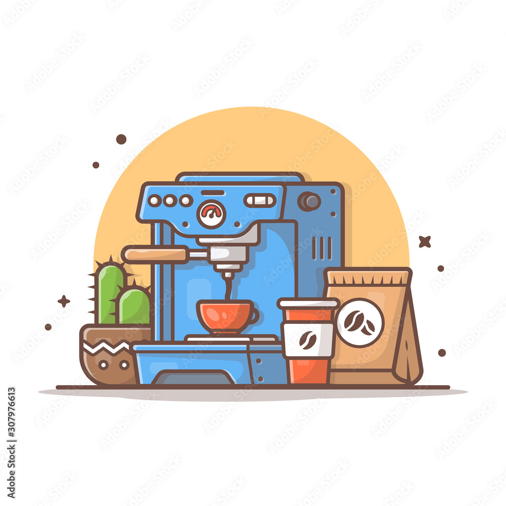 Coffee Machine with Cactus, Cup and Coffee Beans Vector Illustration. Coffee Shop. Making Coffee. Flat Cartoon Style Suitable for Web Landing Page, Banner, Flyer, Sticker, Wallpaper, Card, Background