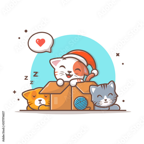 Cute Cat in Box, Sleeping Cat, Cat with Wool Ball Vector Illustration. Cat Mascot. Petshop Logo. Flat Cartoon Style Suitable for Web Landing Page, Banner, Flyer, Sticker, Wallpaper, Card, Background