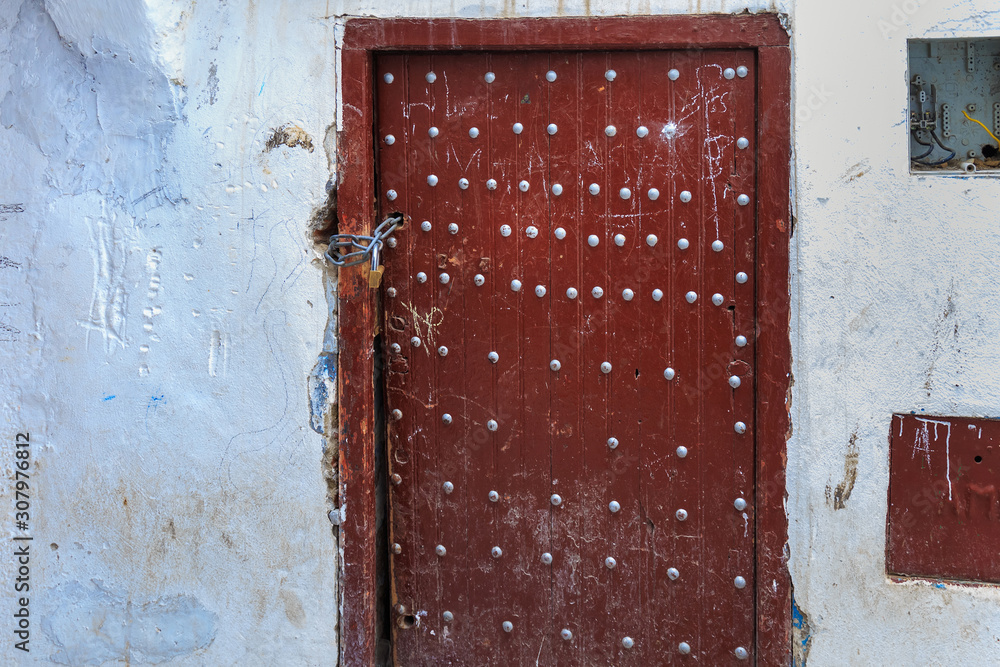 Typical ancient wooden door in Tetouan Medina in Northern Morocco.