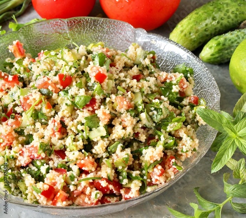 Couscous and herb salad. Israeli Couscous Tabbouleh Salad photo