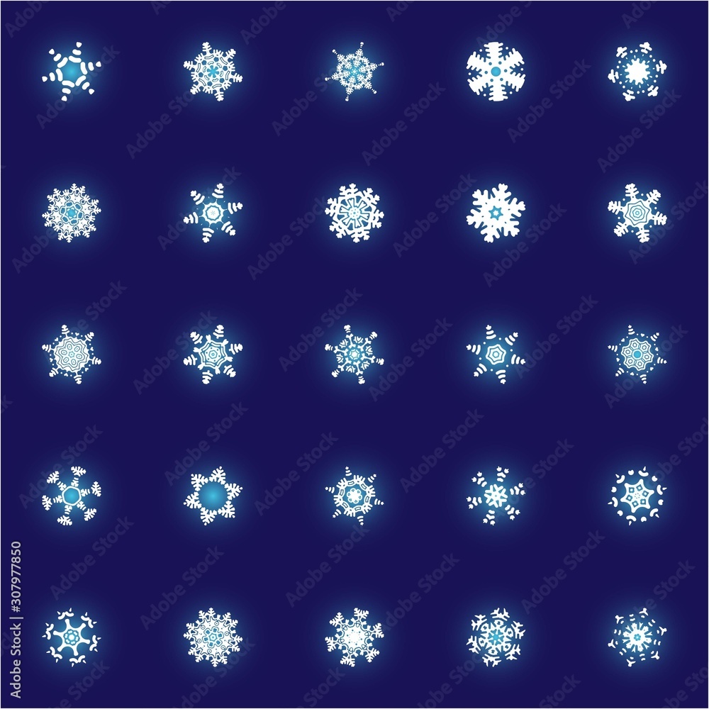 Kit of isolated silhouettes of snowflakes on blue background. Kit of isolated silhouettes of snowflakes on blue background.