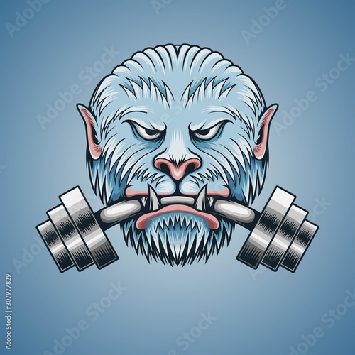 Yeti bite the barbell illustration for digital, t shirt, apparel and other merchandise