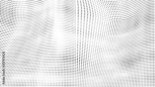 Abstract halftone texture. Chaotic waves of dots. Black and white background