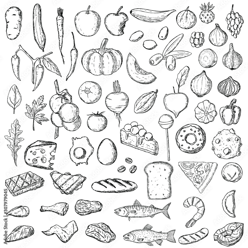 Set of food. Vector cartoon illustrations. Isolated objects on a white background. Hand-drawn style. 