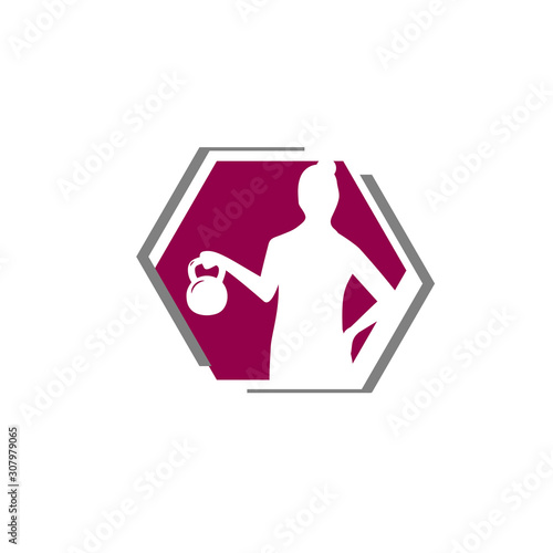 women fitness logo with silhouette of business woman lifting kettlebell