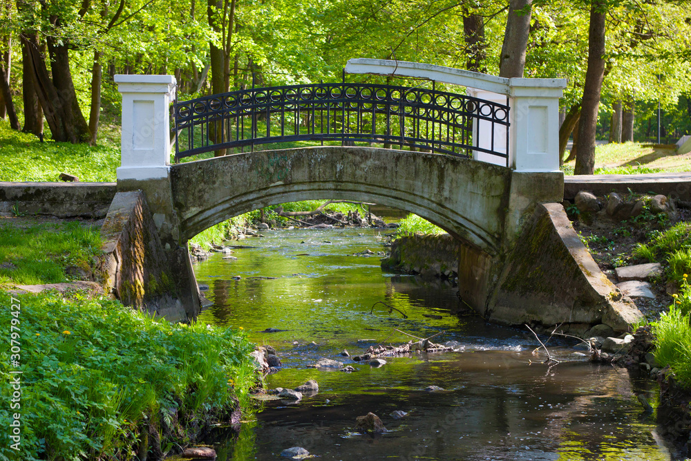 Old bridge over the river in Kaliningrad Central Park in early spring. Russia.The park was known as Luisenwahl while part of Konigsberg, Germany, until 1945 and was in English landscape garden style.