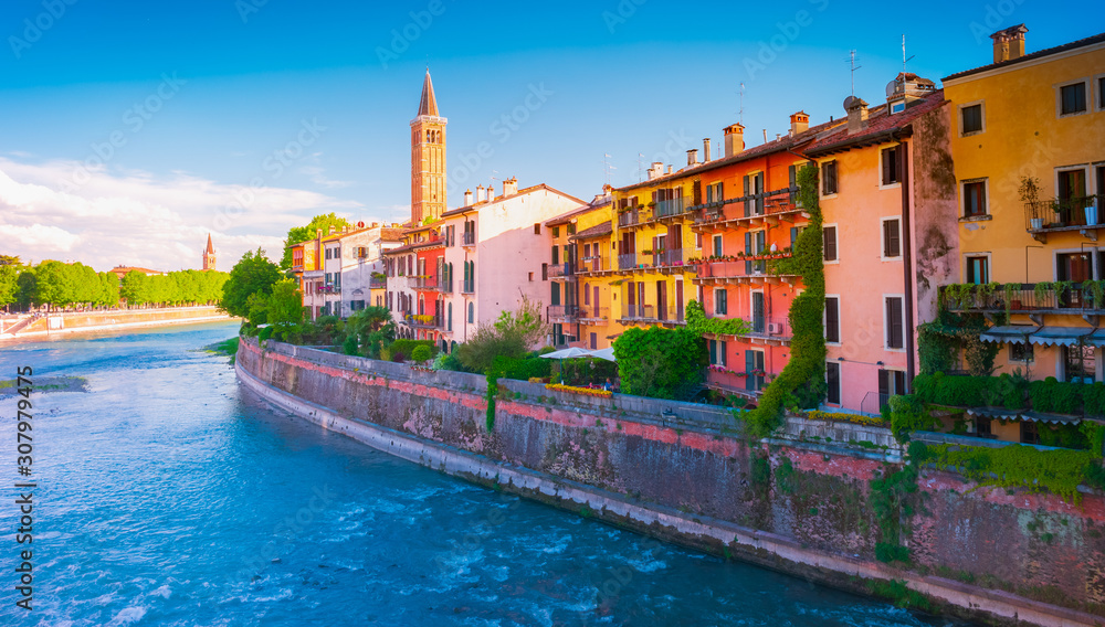 Verona, Italy. A scenic panoramic view of the river of Adige