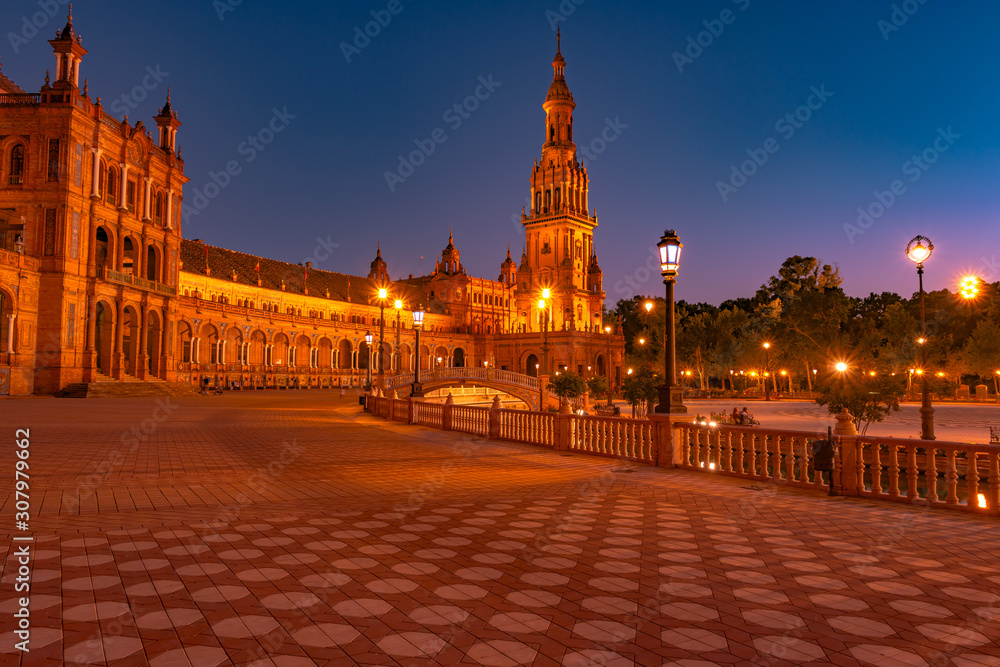Spanish Square in Seville at night, Spain.