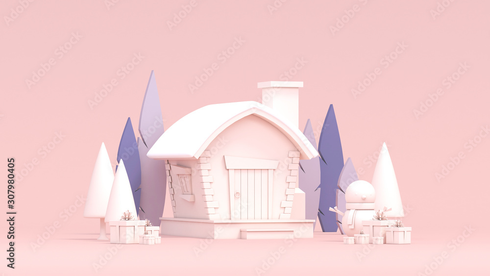 3D Rendering Minimal Concept Cartoon House Snowman Gift Box and Christmas Tree with pastel Color