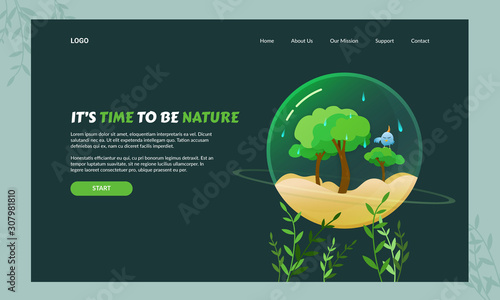 Cartoon nature protection concept design - forest, bird, rain and glass planet