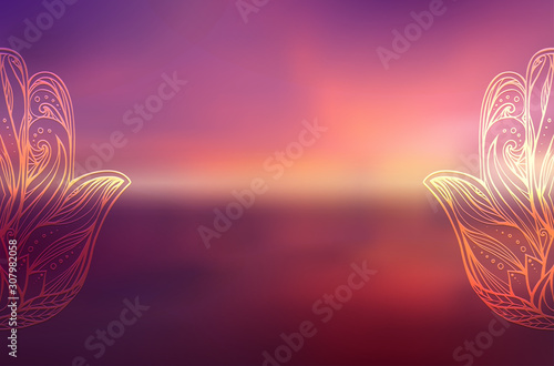 Horizontal greeting card with hamsa with tribal pattern on blurred ocean and sunset background. Buddha hand. Calmness and pacification. Vector template for cards, banners and your creativity.