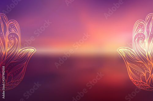 Horizontal greeting card with hamsa with tribal pattern on blurred ocean and sunset background. Buddha hand. Calmness and pacification. Vector template for cards, banners and your creativity. photo