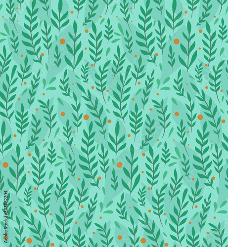 Branches, leaves and berries on turquoise background. Seamless flat pattern with natural simple floral ornaments. Natural tapestry wallpaper. Vector texture for fabric, pattern and your creativity.