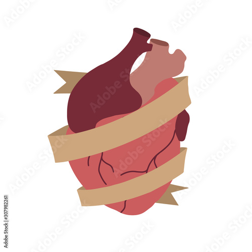 Flat illustration of realistic heart with wrapping ribbon. Original element for cards on Valentine Day. Frame template. Vector element for card, banner and your creativity.